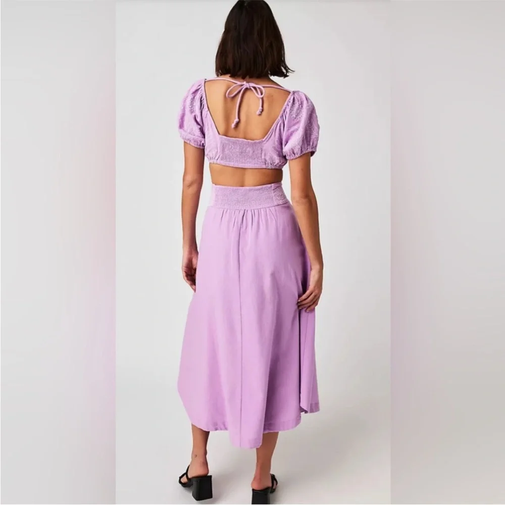 Free People Lotus Blouse & Maxi Skirt Purple Orchid Smocked Puff Sleeve 2 Piece - Picture 2 of 7